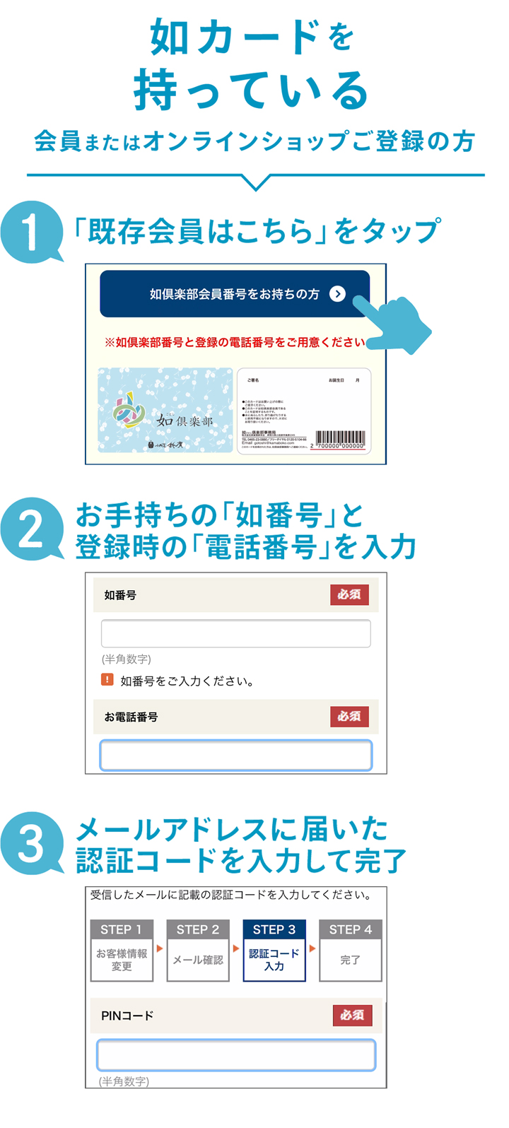 如番号を持っている（如倶楽部会員またはオンラインショップご登録の方） 「既存会員はこちら」をタップ　お手持ちの「如番号」と登録時の「電話番号」を入力　メールアドレスに届いた認証コードを入力して完了