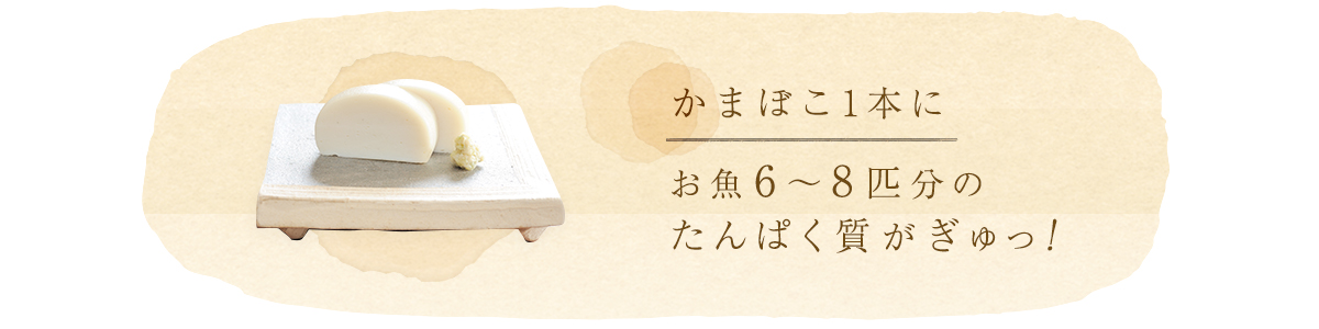 かまぼこ1本にお魚6～8匹分のたんぱく質がぎゅっ！